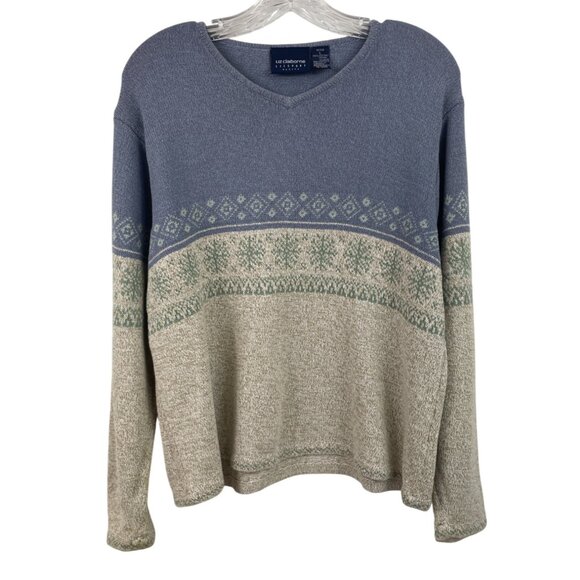 Liz Claiborne Liz Sport Petite Womens Large Sweater Blue & Beige Nordic Knit - Picture 1 of 7